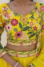Yellow Floral Organza Lehenga Choli with Sequins Embroidery for Wedding Wear back view