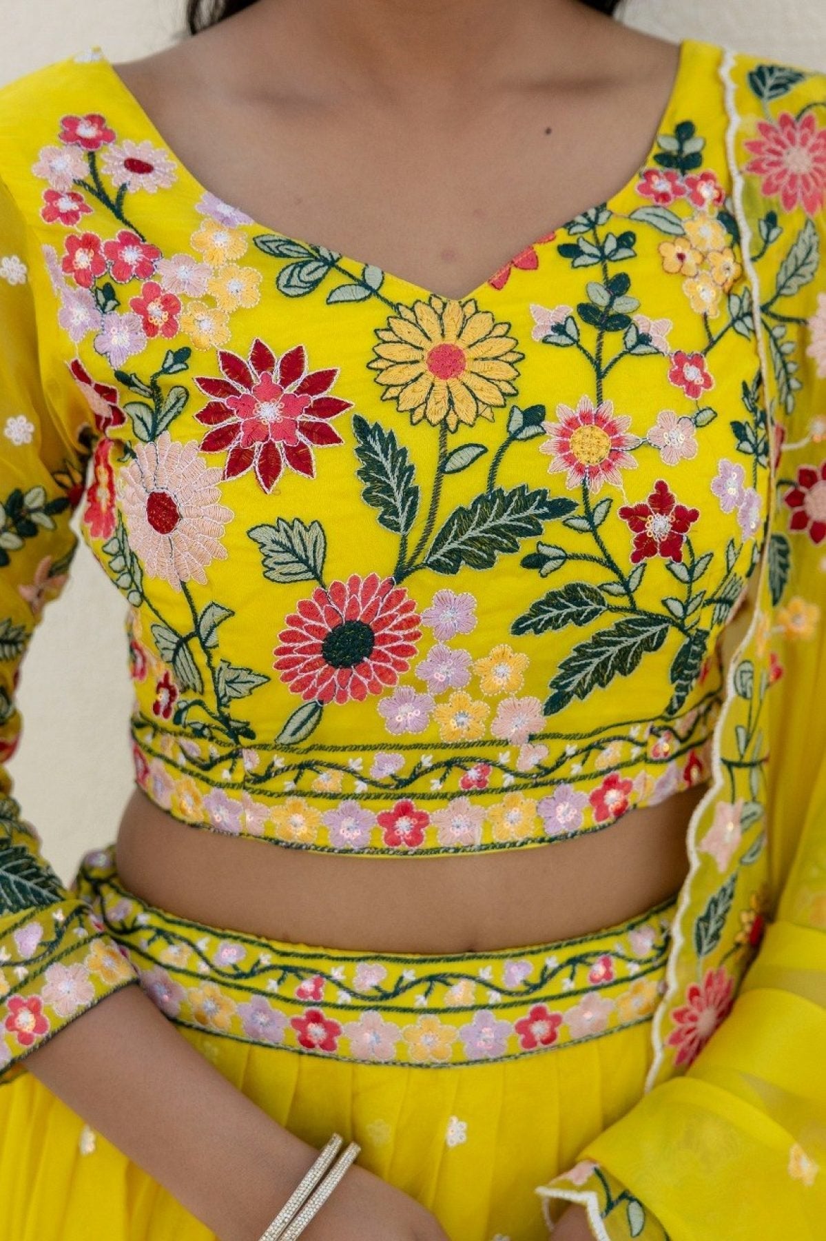 Yellow Floral Organza Lehenga Choli with Sequins Embroidery for Wedding Wear back view