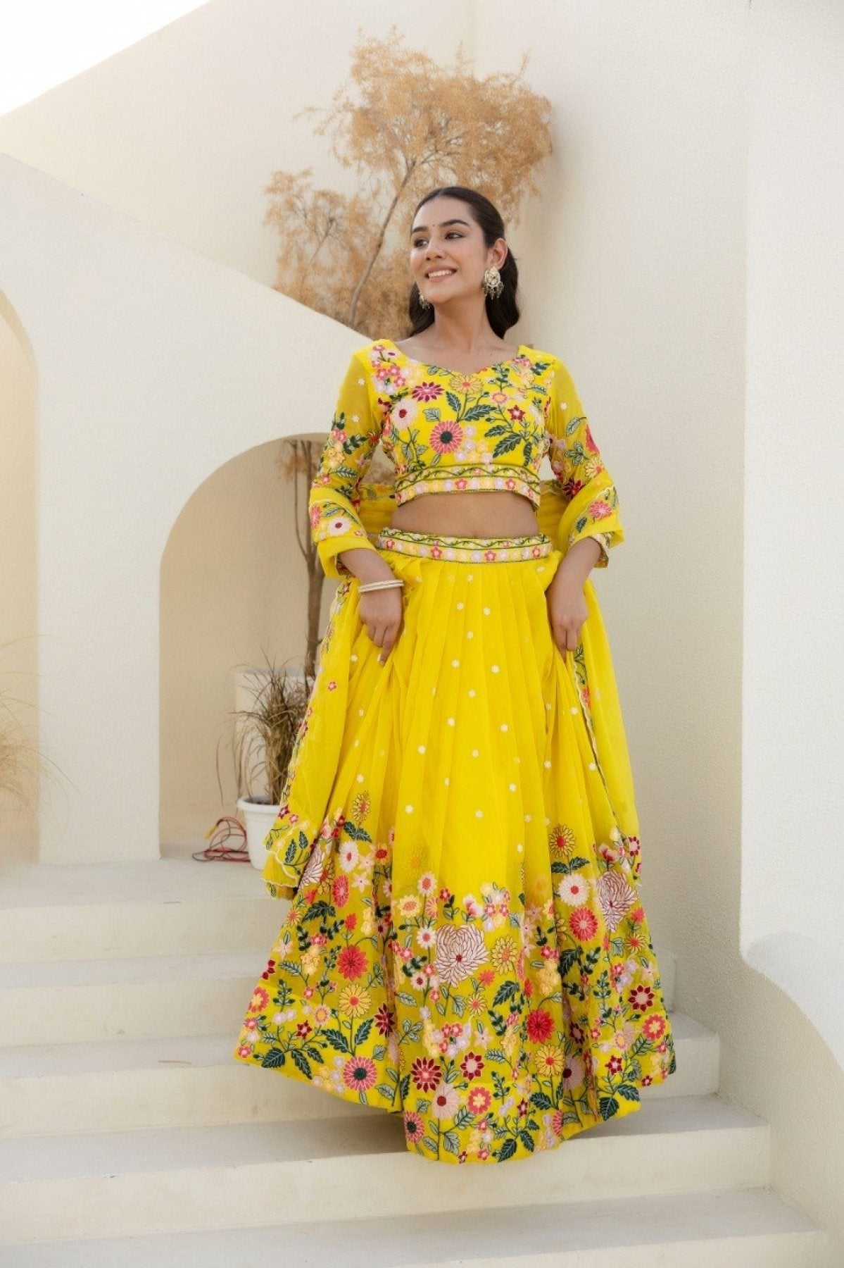 Yellow Floral Organza Lehenga Choli with Sequins Embroidery for Wedding Wear full drape view