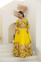 Yellow Floral Organza Lehenga Choli with Sequins Embroidery for Wedding Wear blouse and dupatta detail