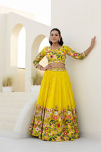 Yellow Floral Organza Lehenga Choli with Sequins Embroidery for Wedding Wear detailed view
