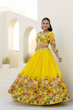 Yellow Floral Organza Lehenga Choli with Sequins Embroidery for Wedding Wear fabric texture detail