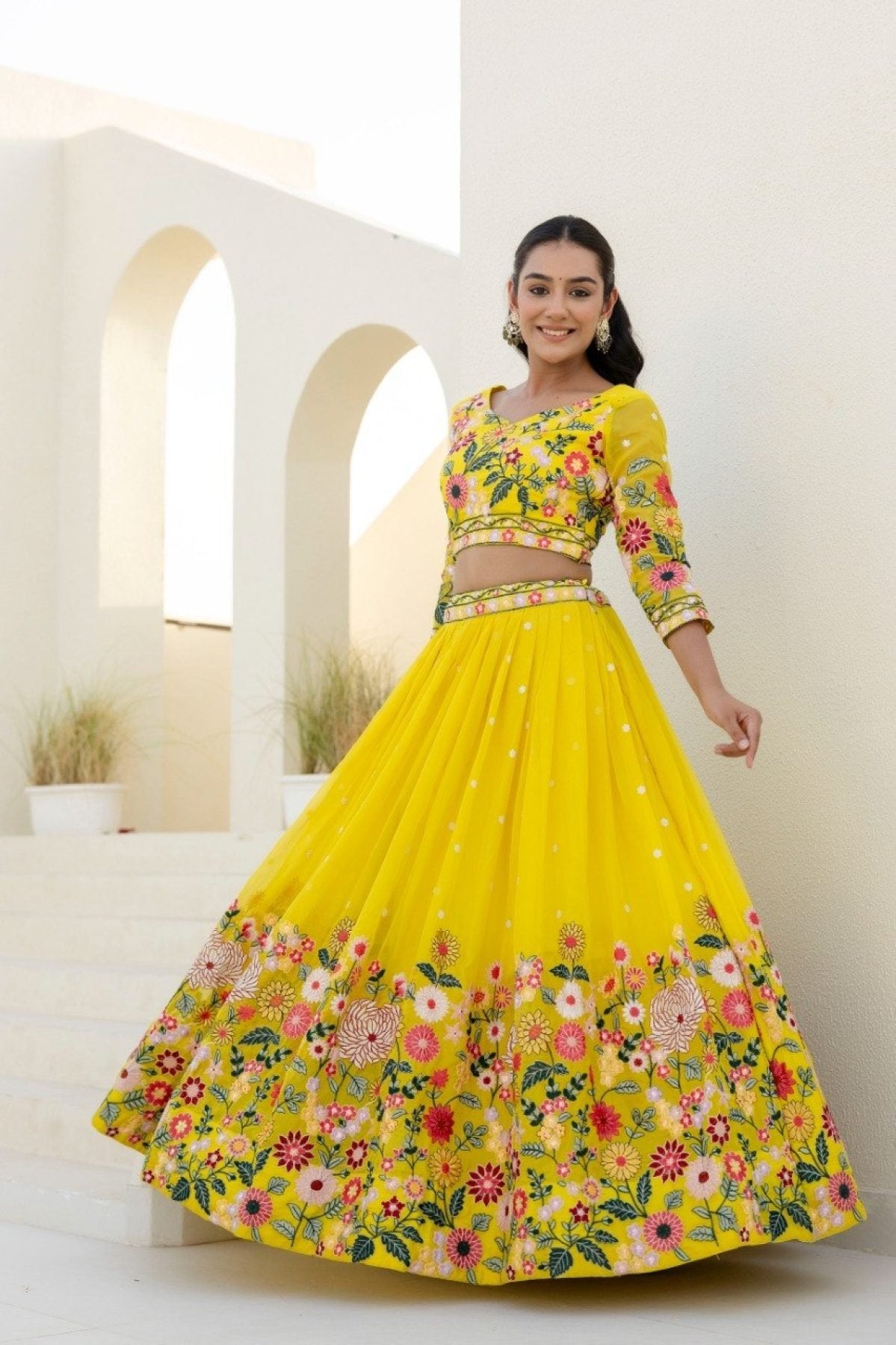 Yellow Floral Organza Lehenga Choli with Sequins Embroidery for Wedding Wear fabric texture detail