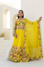 Yellow Floral Organza Lehenga Choli with Sequins Embroidery for Wedding Wear back view
