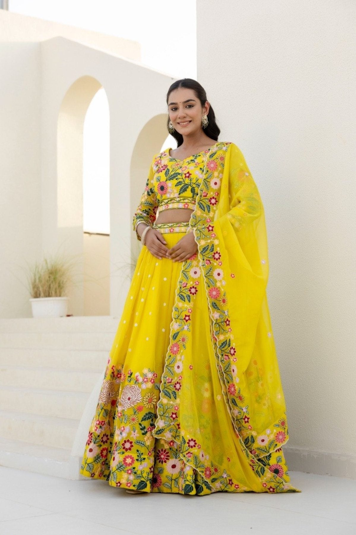 Yellow Floral Organza Lehenga Choli with Sequins Embroidery for Wedding Wear styling view
