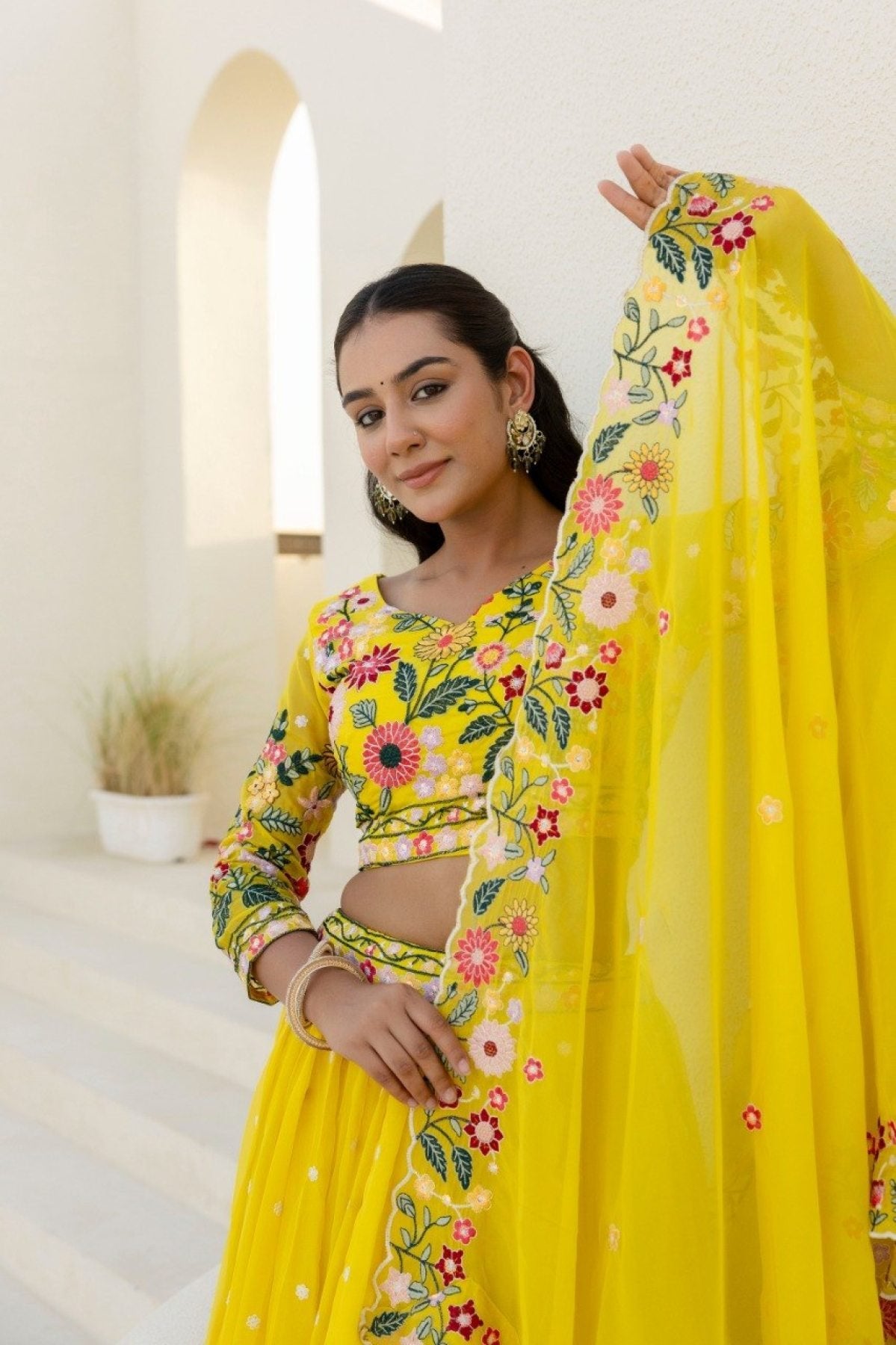 Yellow Floral Organza Lehenga Choli with Sequins Embroidery for Wedding Wear front view