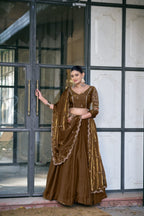 Cream Fendi Lehenga with Sequins Embroidery blouse and dupatta detail