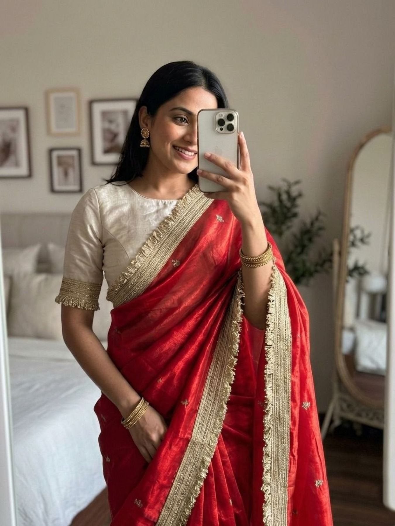 Red Silk Saree for women - full front view | Snyvia