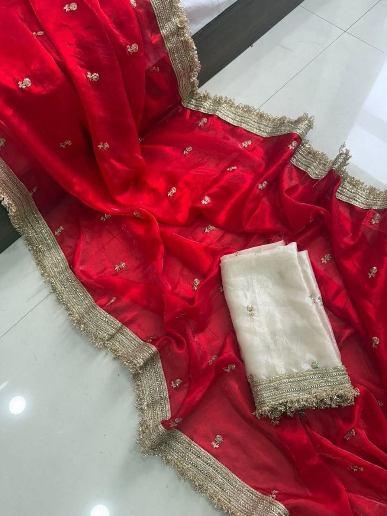 Red Silk Saree - side drape view