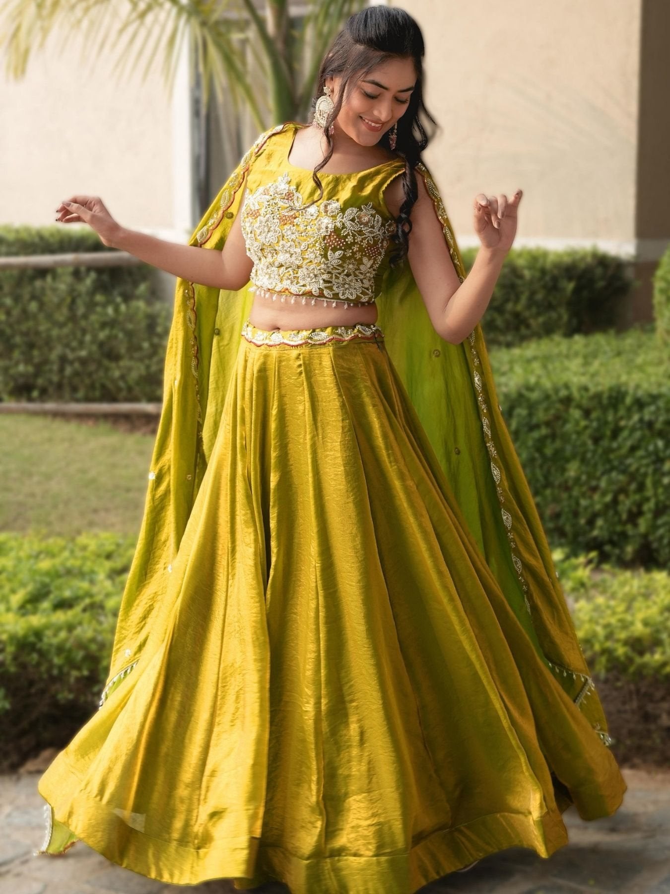 Fendi Silk Lehenga Choli with White Beads Work for Wedding Wear blouse and dupatta detail