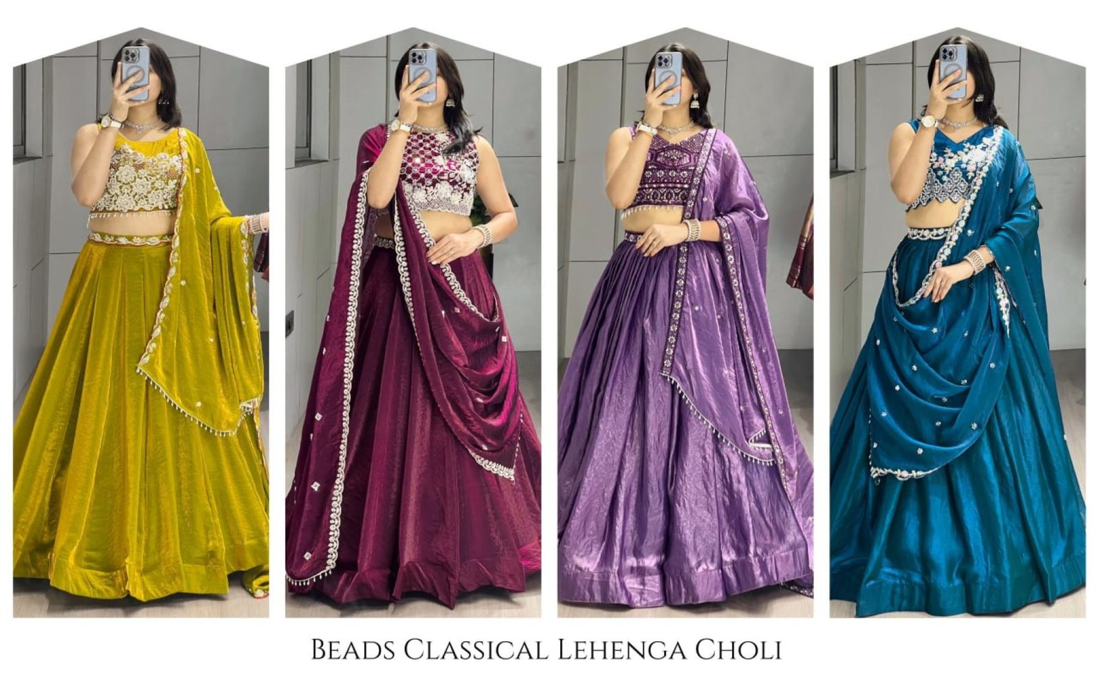 Fendi Silk Lehenga Choli with White Beads Work for Wedding Wear embroidery close-up