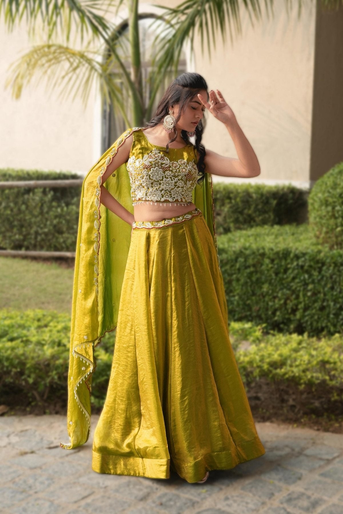 Fendi Silk Lehenga Choli with White Beads Work for Wedding Wear fabric texture detail