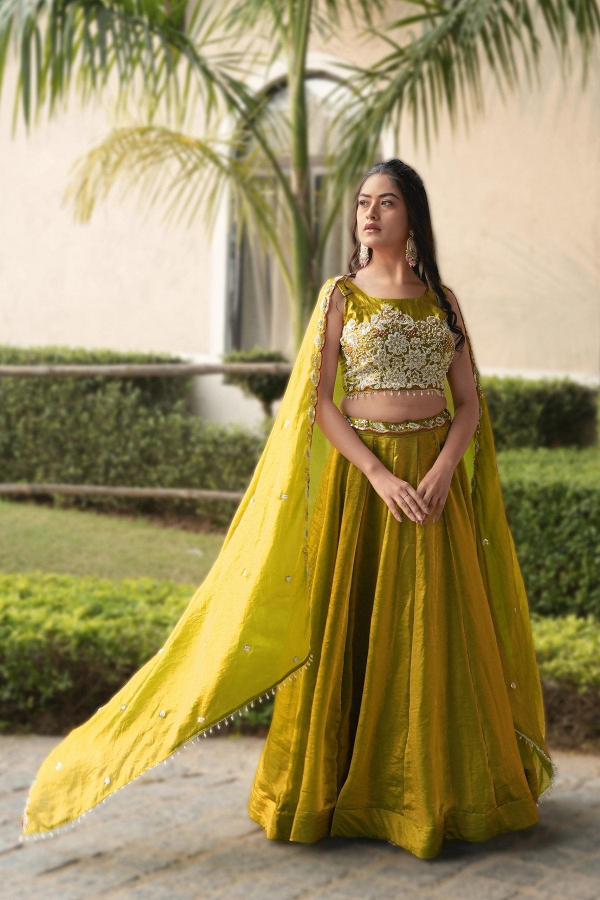 Fendi Silk Lehenga Choli with White Beads Work for Wedding Wear blouse and dupatta detail