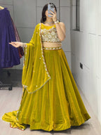 Fendi Silk Lehenga Choli with White Beads Work for Wedding Wear fabric texture detail