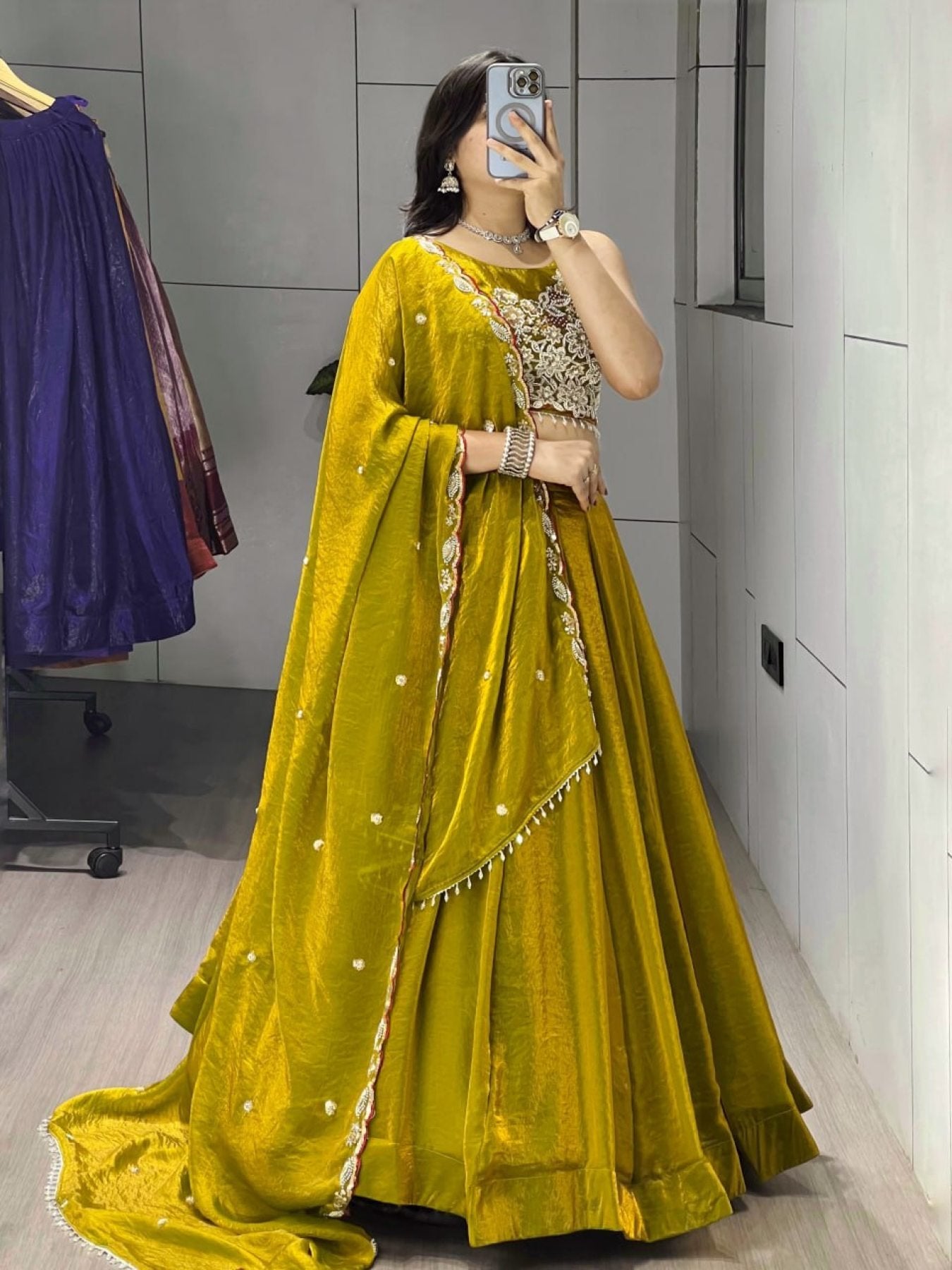 Fendi Silk Lehenga Choli with White Beads Work for Wedding Wear styling view