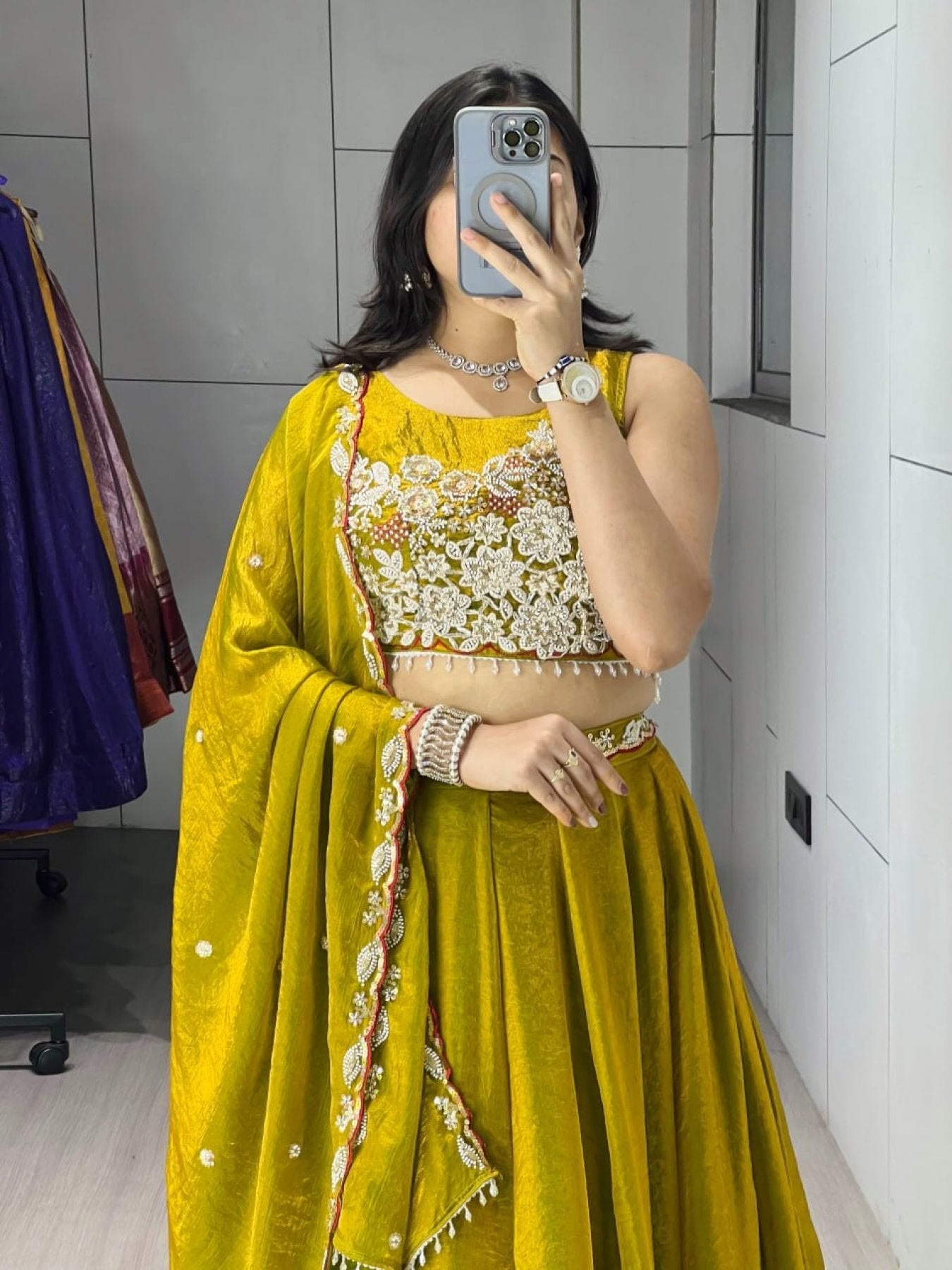 Fendi Silk Lehenga Choli with White Beads Work for Wedding Wear front view