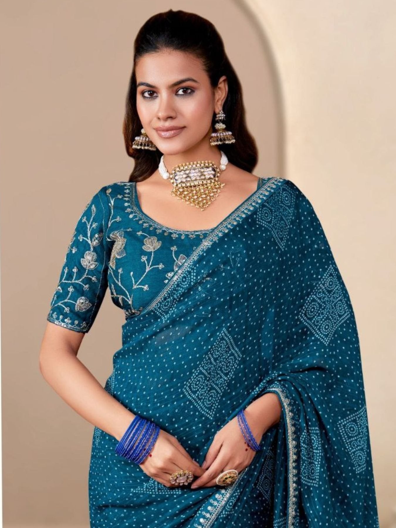 Teal Georgette Saree for women - full front view | Snyvia