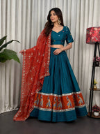 Blue Pure Blooming Vichitra Silk Lehenga Set with Heavy Embroidery Foil Mir full drape view