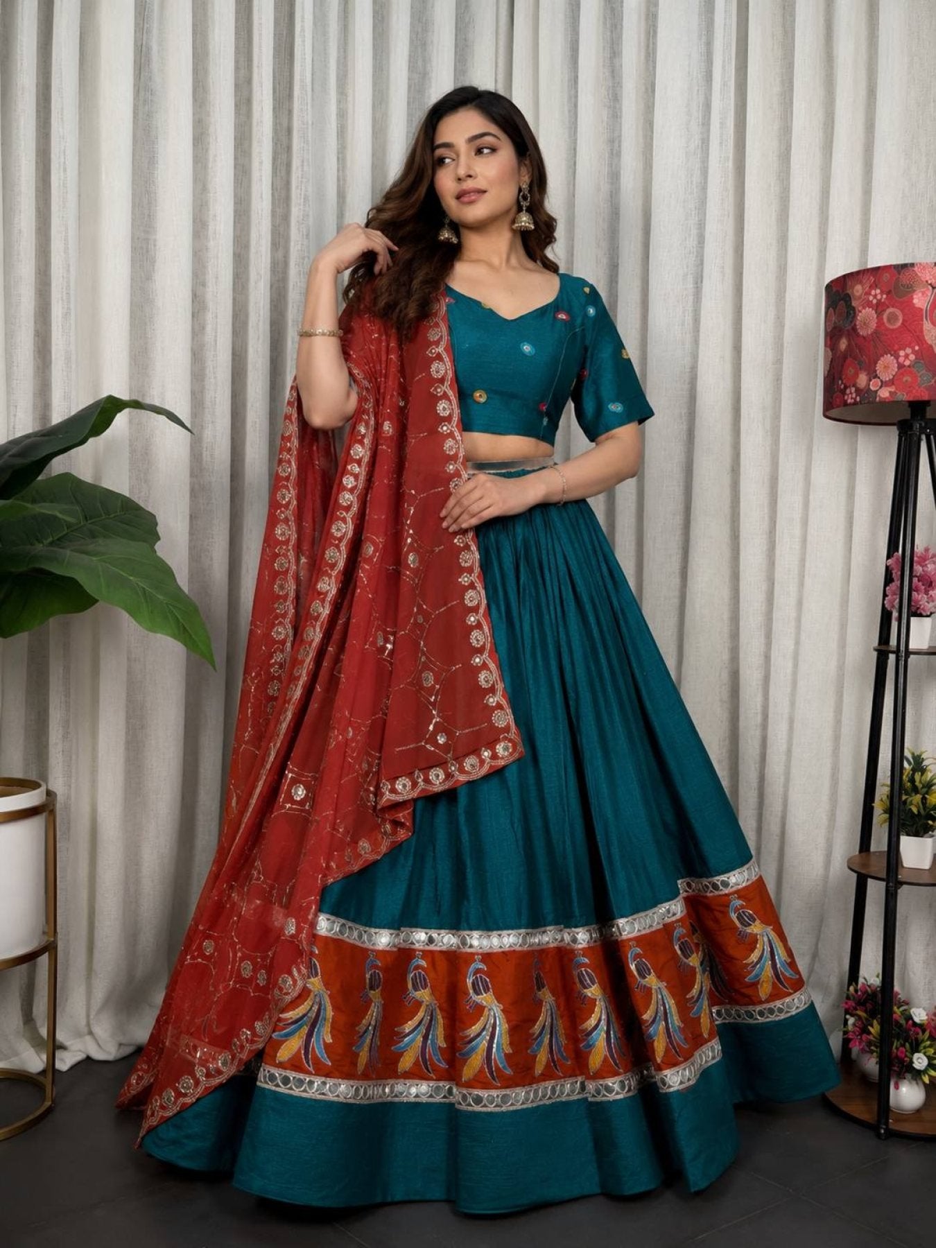 Blue Pure Blooming Vichitra Silk Lehenga Set with Heavy Embroidery Foil Mir blouse and dupatta detail