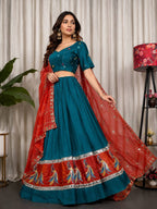 Blue Pure Blooming Vichitra Silk Lehenga Set with Heavy Embroidery Foil Mir detailed view