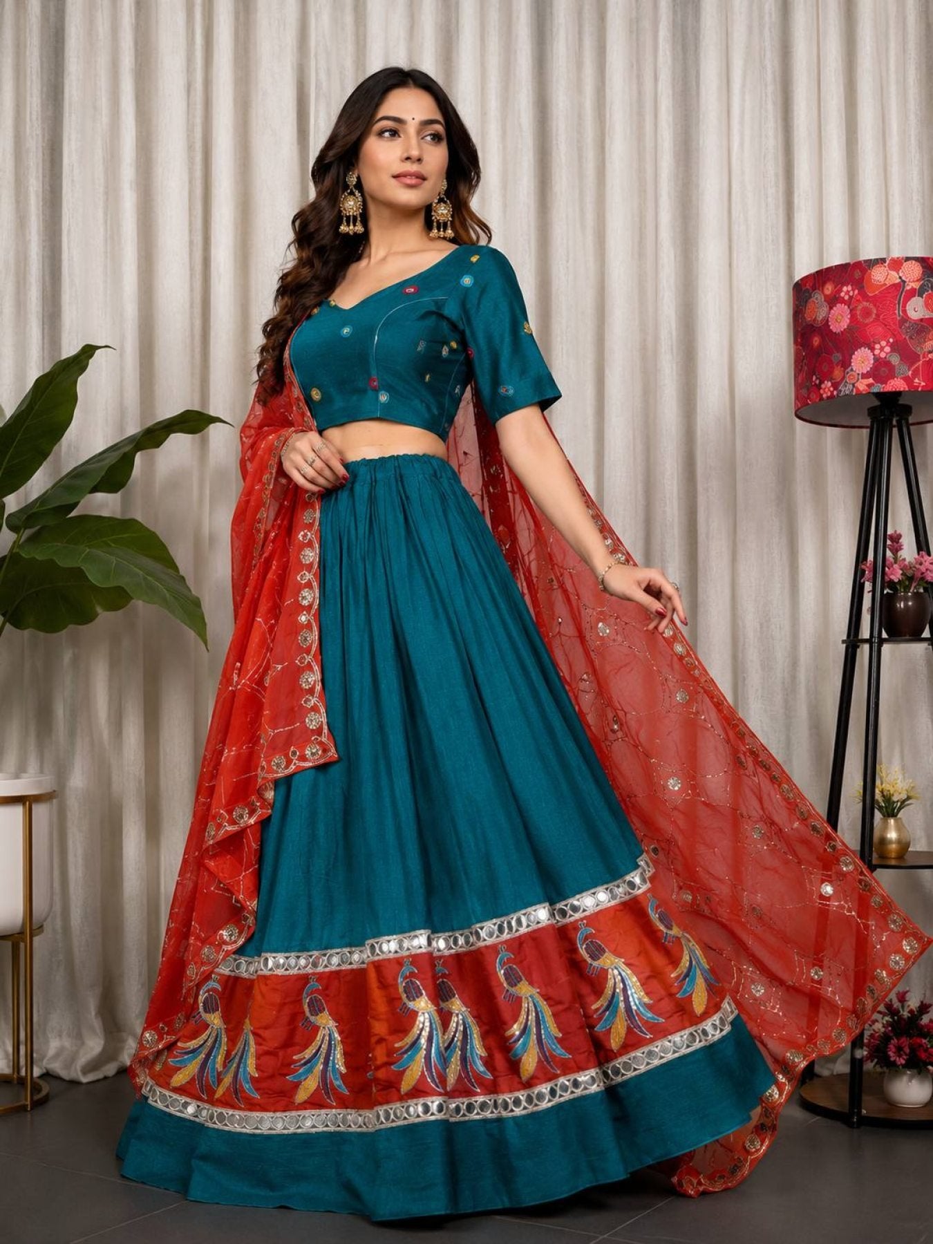 Blue Pure Blooming Vichitra Silk Lehenga Set with Heavy Embroidery Foil Mir detailed view