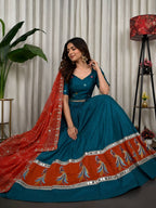 Blue Pure Blooming Vichitra Silk Lehenga Set with Heavy Embroidery Foil Mir back view