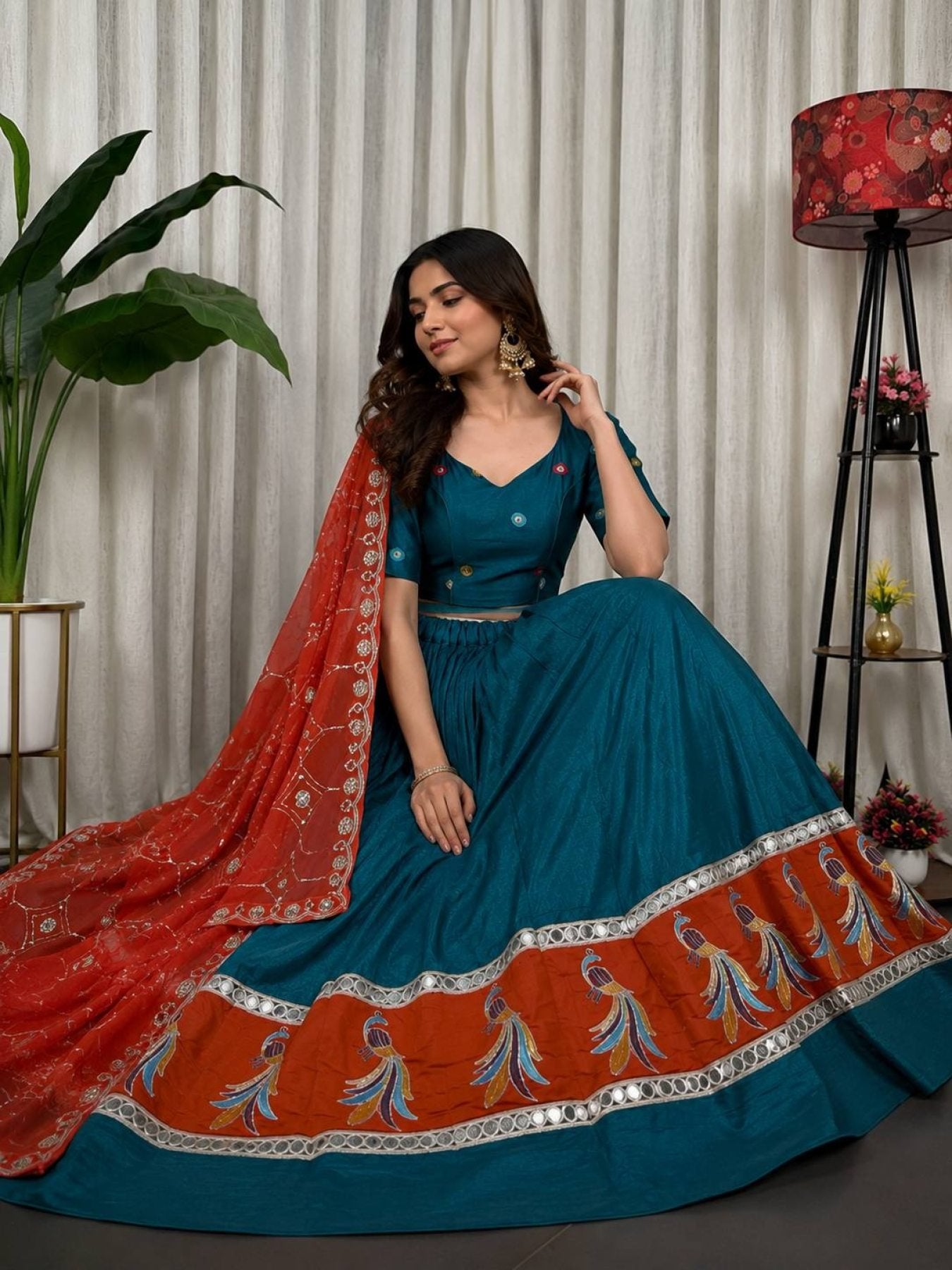 Blue Pure Blooming Vichitra Silk Lehenga Set with Heavy Embroidery Foil Mir back view