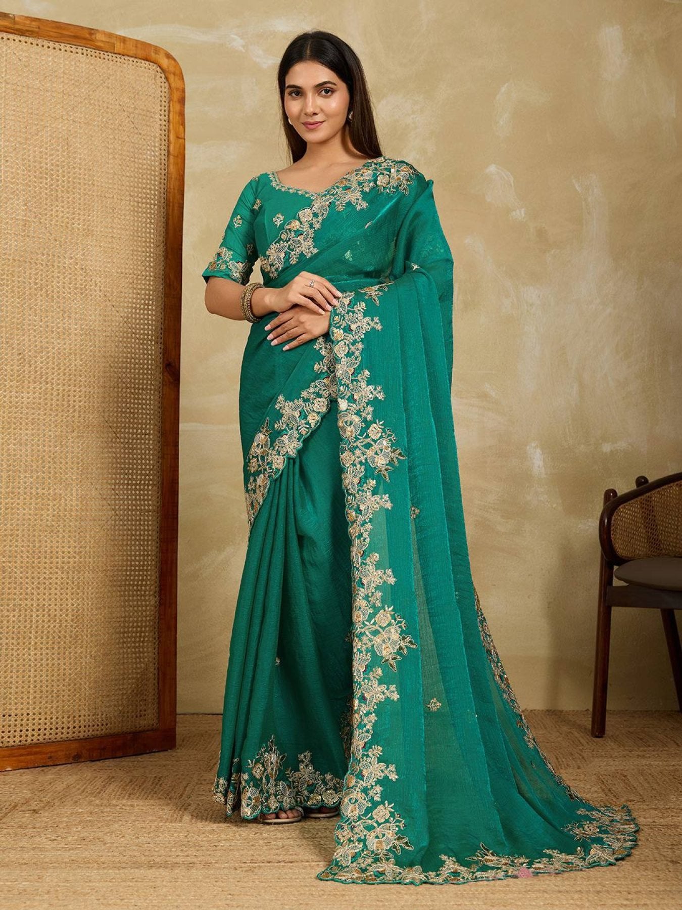 Teal Chiffon Saree - drape and pallu detail