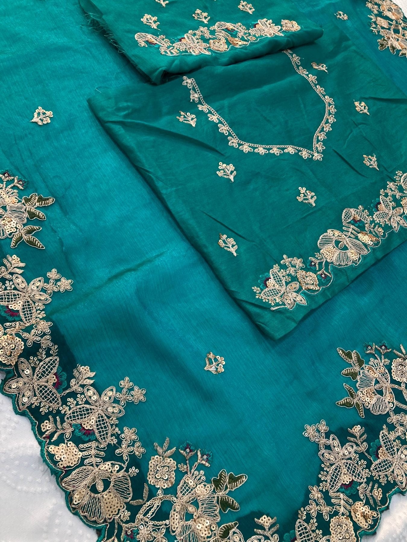 Teal Chiffon Saree - side drape view