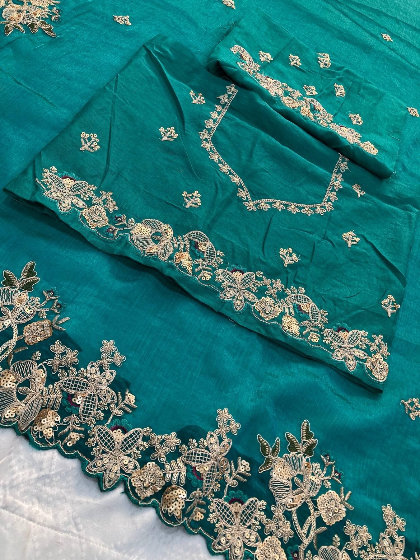 Teal Chiffon Saree - blouse and border close-up