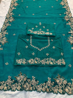 Teal Chiffon Saree - Embroidery embroidery work detail