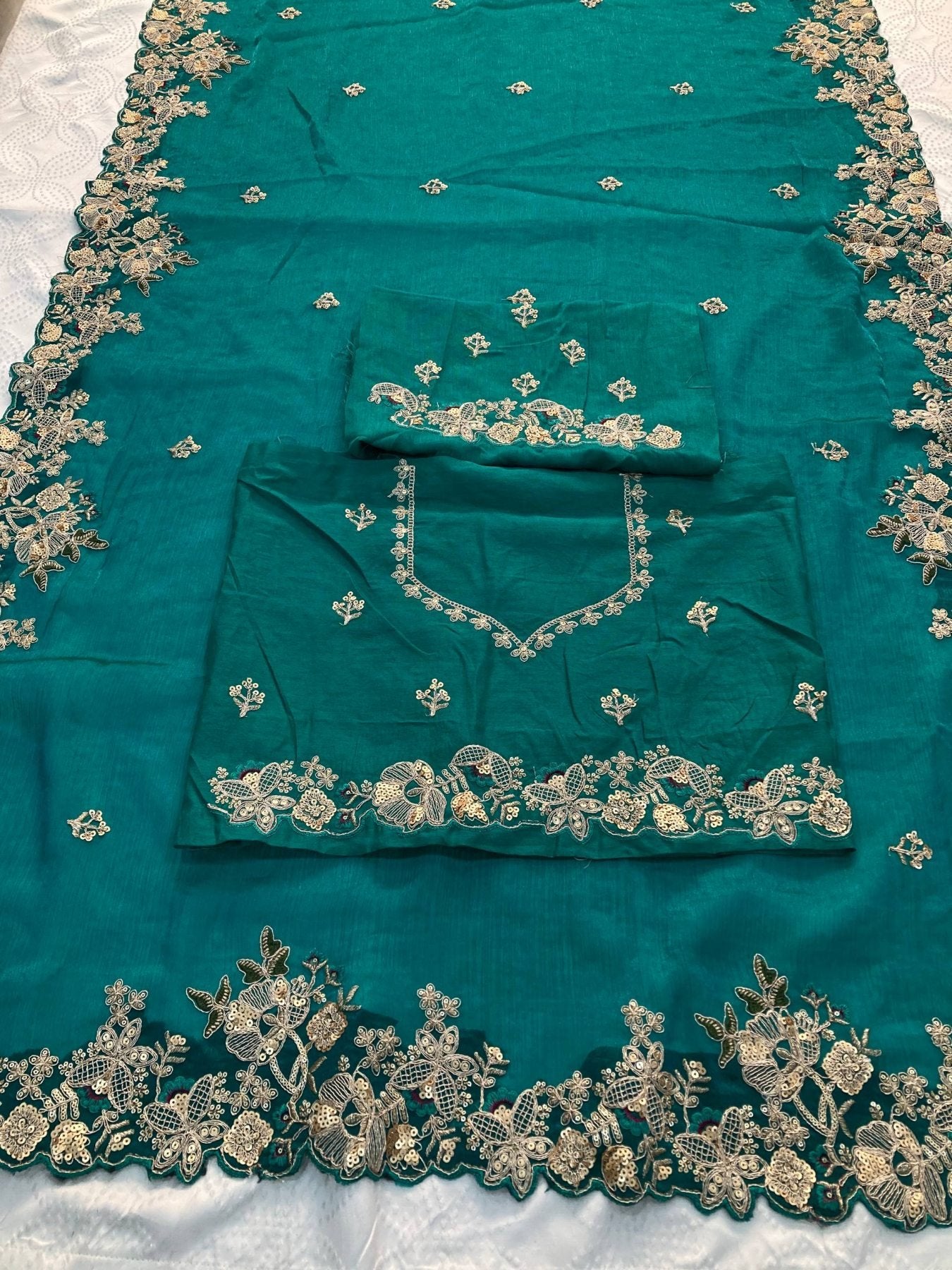 Teal Chiffon Saree - Embroidery embroidery work detail