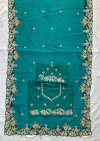 Teal Chiffon Saree - Embroidery pallu design detail