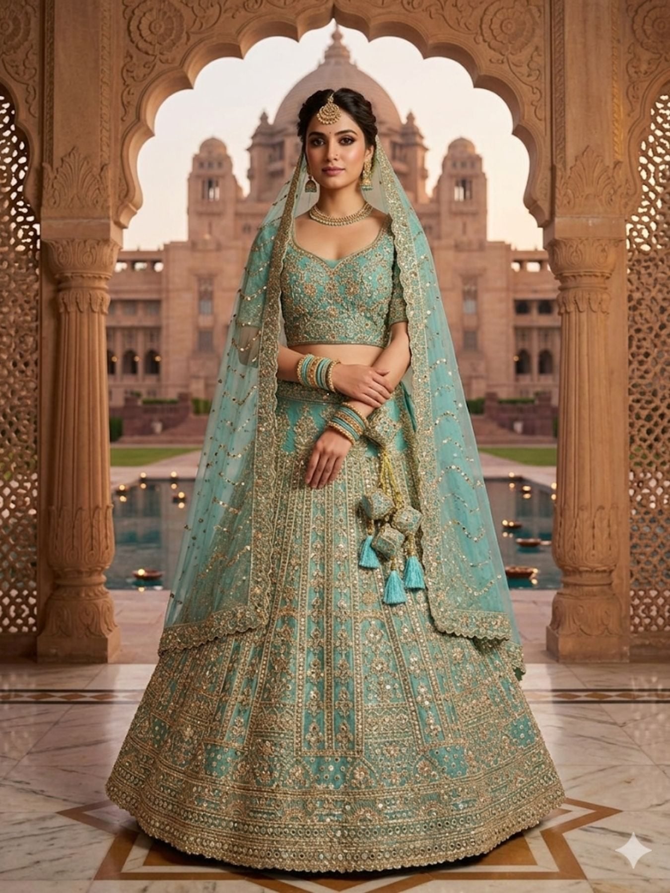 Aqua Net Lehenga with Zari and Mirror Work for Wedding Wear for women | Snyvia