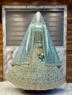 Blue Aqua Net Lehenga with Zari and Mirror Work for Wedding Wear full drape view