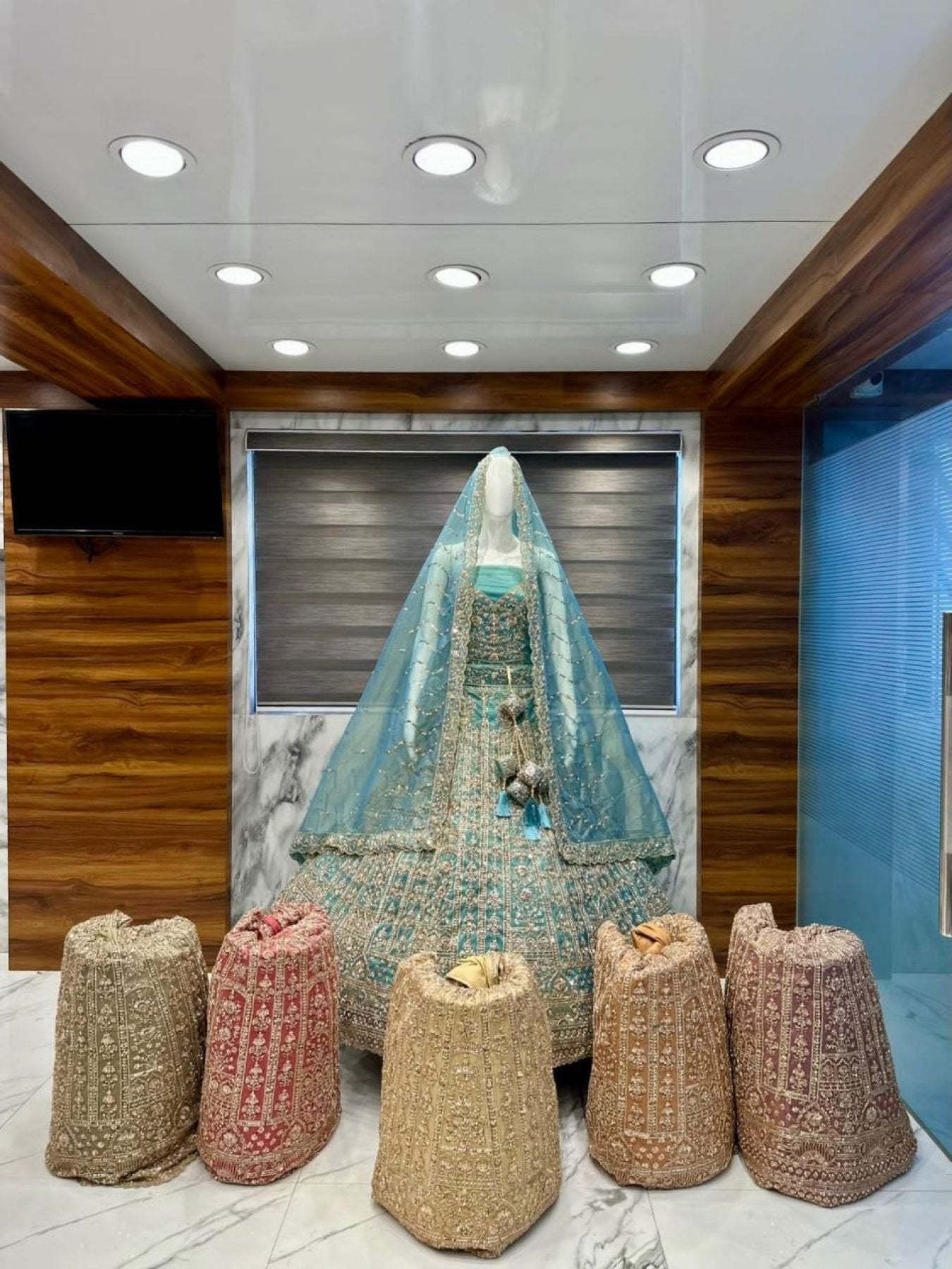 Blue Aqua Net Lehenga with Zari and Mirror Work for Wedding Wear blouse and dupatta detail