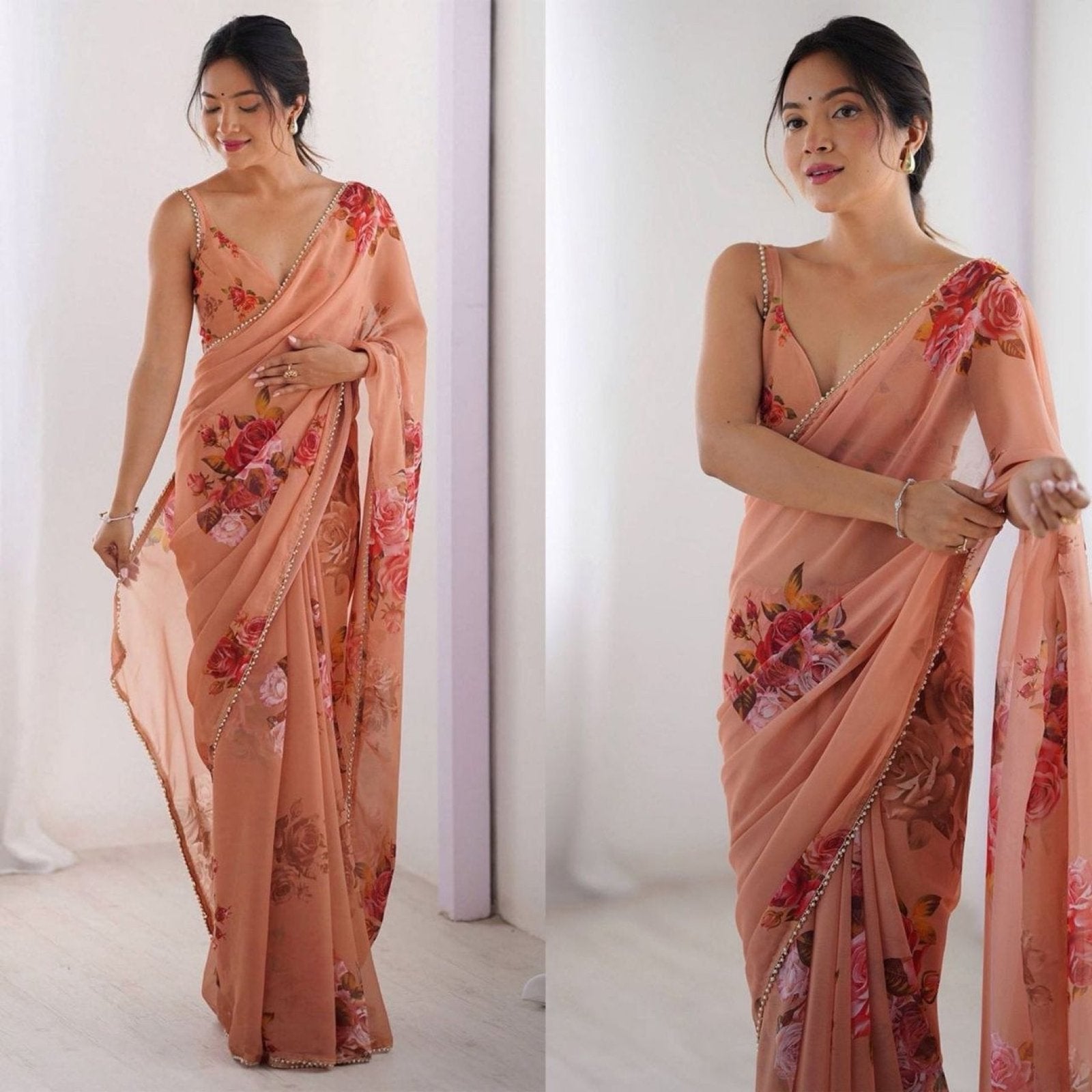 Peach Silk Saree - drape and pallu detail