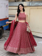 Red Georgette Lehenga Choli with Zari and Multiple Sequins Embroidery Work for women | Snyvia