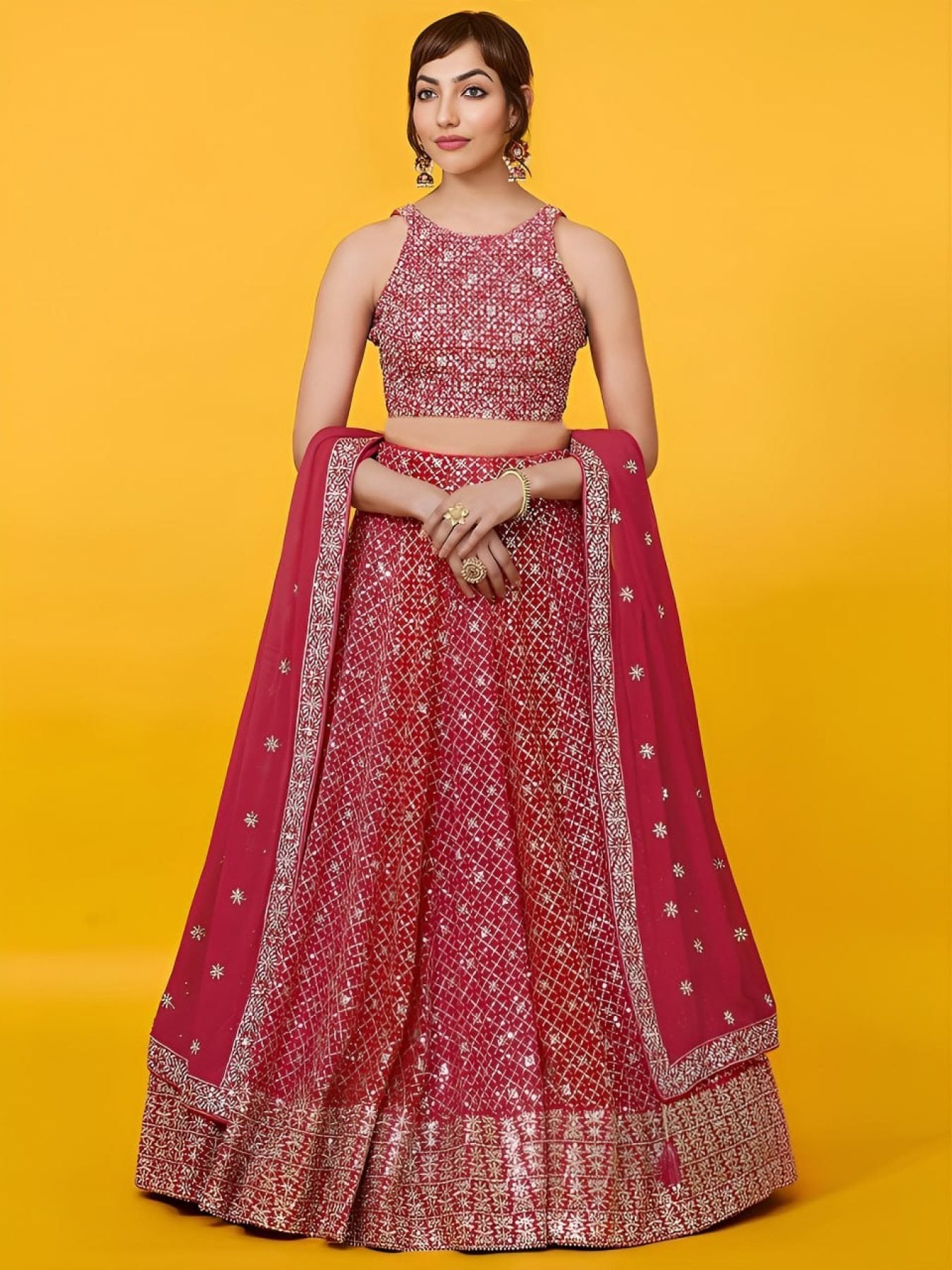 Yellow Georgette Lehenga Choli with Zari and Multiple Sequins Embroidery Work full drape view