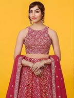 Purple Georgette Lehenga Choli with Zari and Multiple Sequins Embroidery Work blouse and dupatta detail