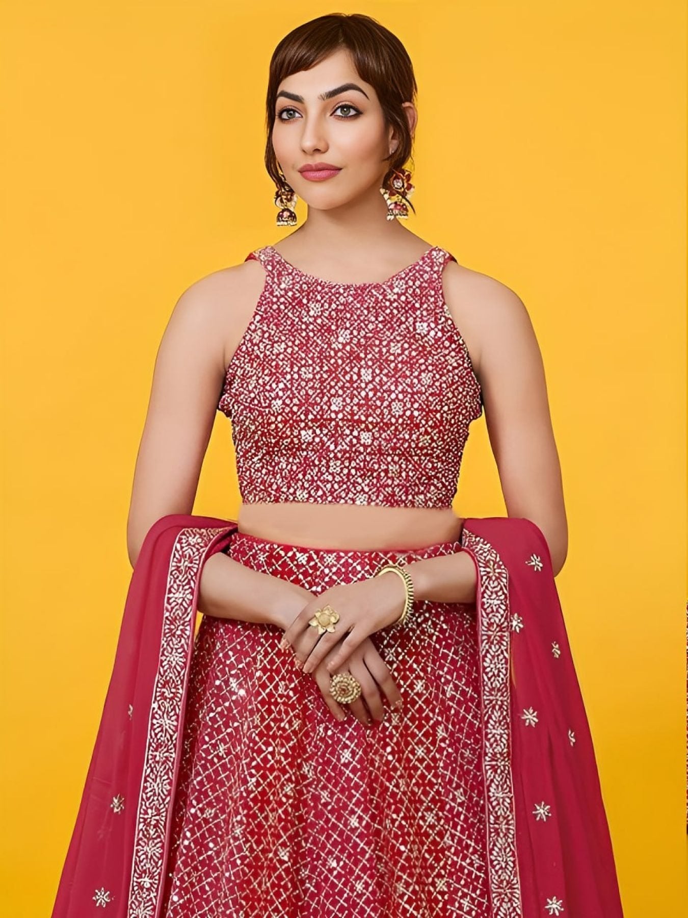 Purple Georgette Lehenga Choli with Zari and Multiple Sequins Embroidery Work blouse and dupatta detail