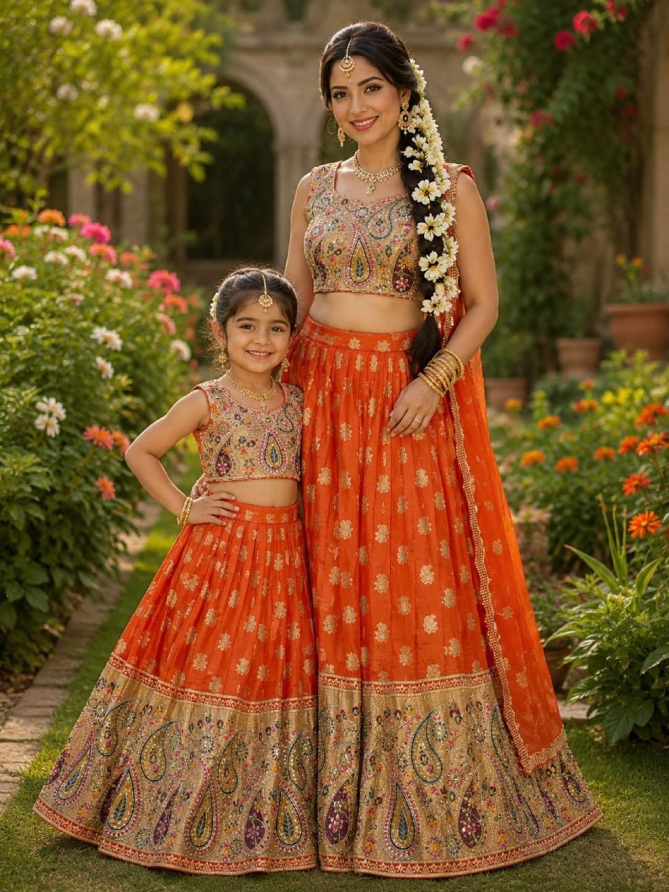 Durable Mother Daughter Matching Lehenga Choli Combo Set full drape view