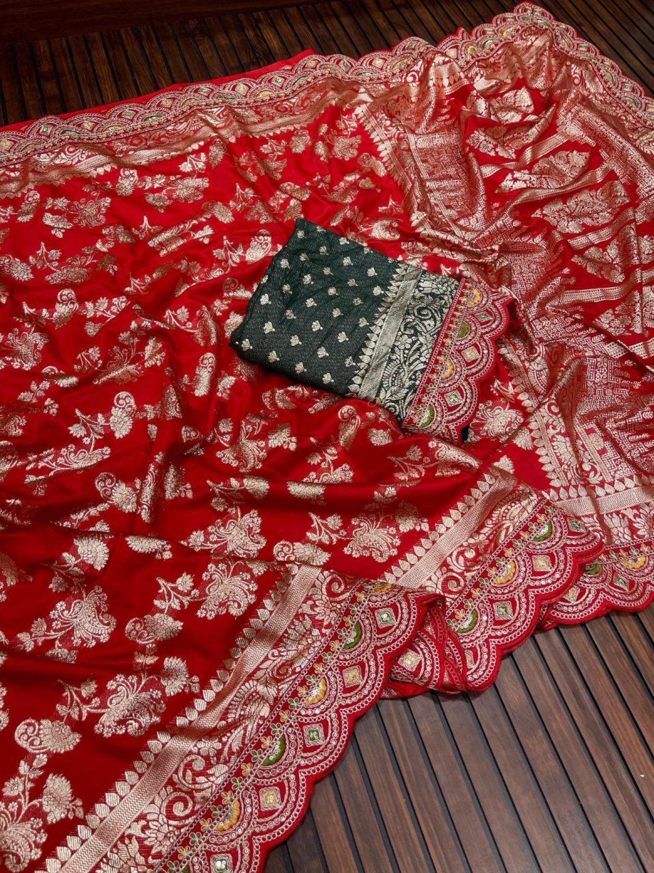 Red Banarasi Saree - side drape view