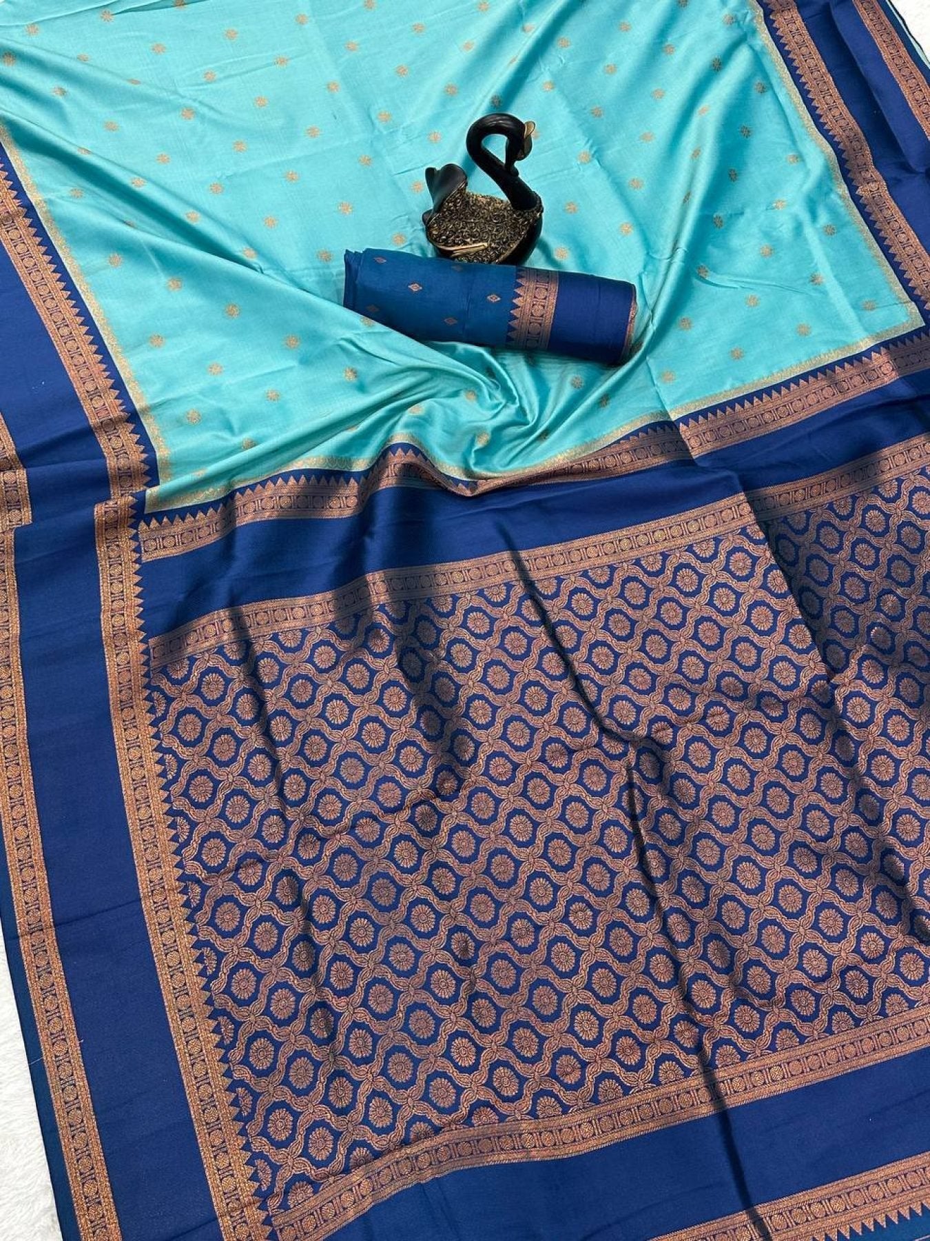 Blue Silk Saree - side drape view
