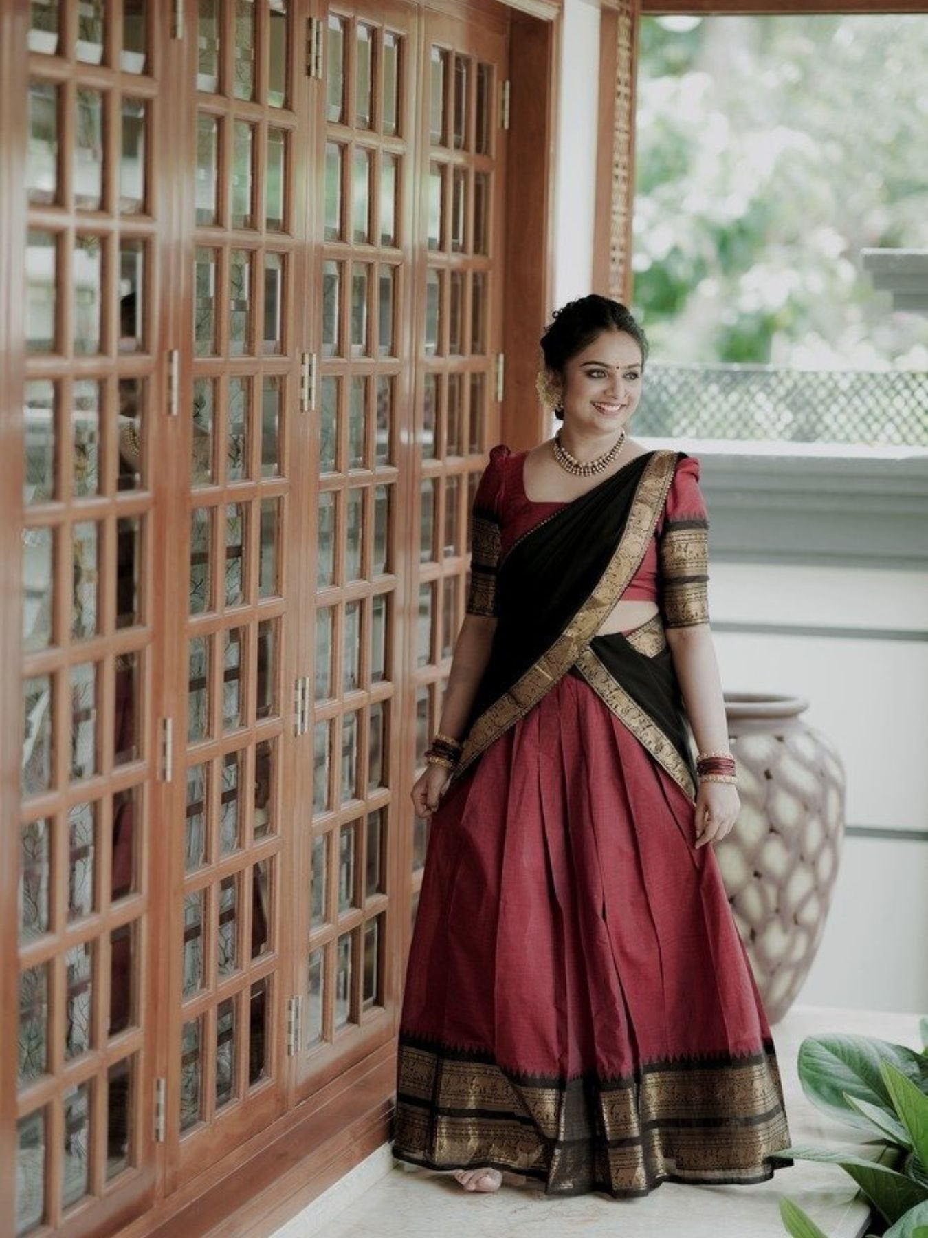 Half Saree Lehenga with Kanchi Cotton for Traditional Wear blouse and dupatta detail