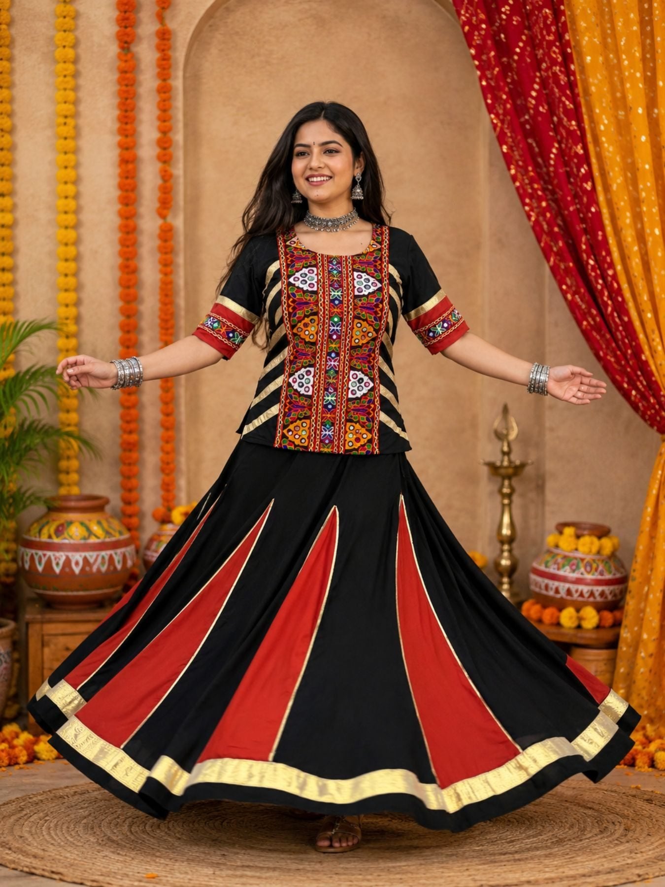Black Pure Cotton Navratri Kediyu Lehenga Set with 6 Meter Flair for Garba Nights for women | Snyvia