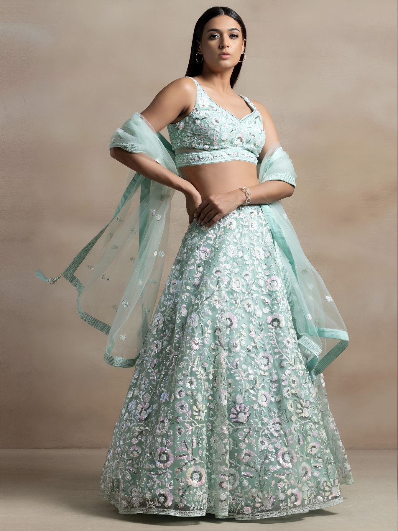 Baby Pink Soft Net Bridal Lehenga blouse and dupatta detail