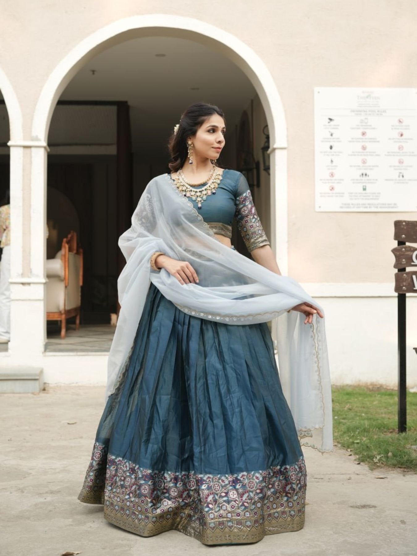 Silk Lehenga with Weaving Border and Zari Work for Bridal Functions fabric texture detail