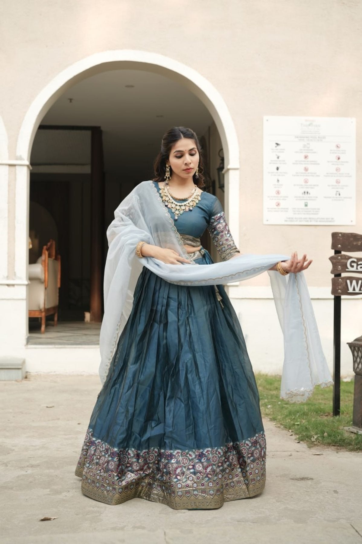 Silk Lehenga with Weaving Border and Zari Work for Bridal Functions full drape view