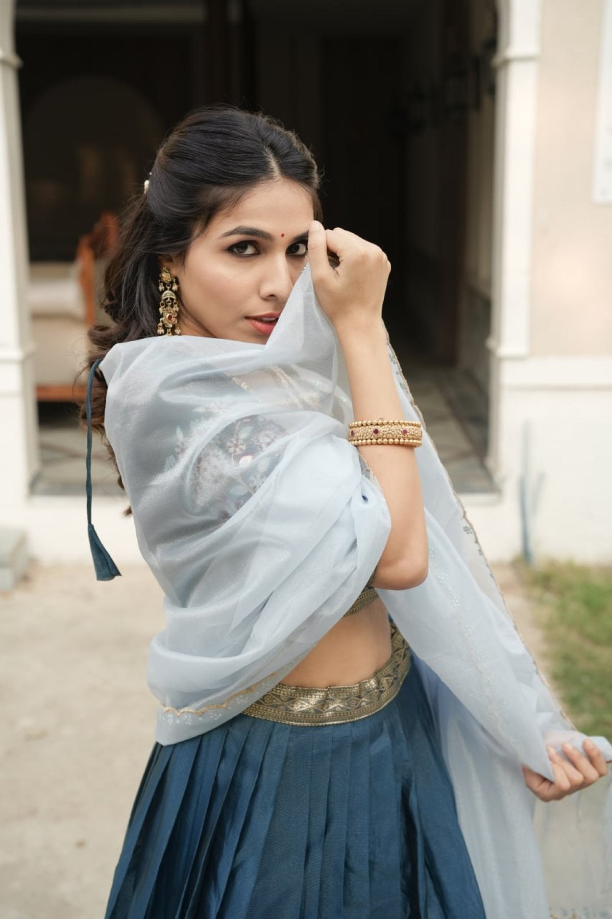 Silk Lehenga with Weaving Border and Zari Work for Bridal Functions fabric texture detail